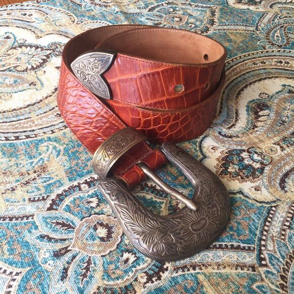 Jennifer Graham Leather Western Belt Croc Embossed Silver Brass Buckle Medium - Picture 1 of 10